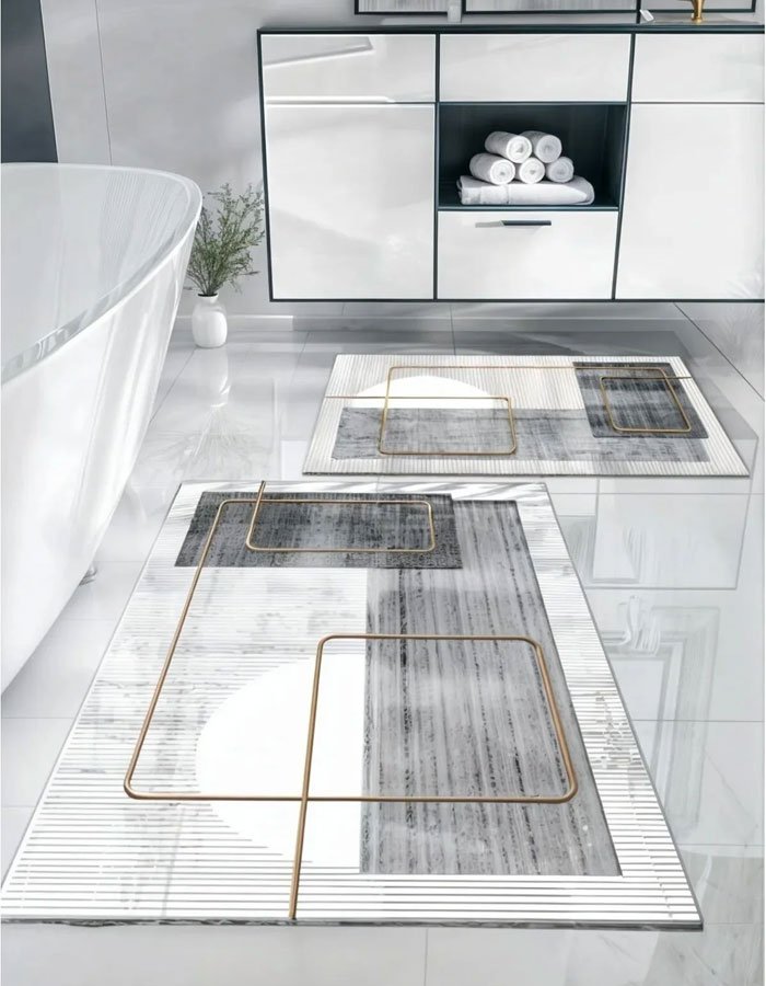 Lotus 3006 Modern Digital Print Washable Bathroom Mat Set Lotus 3006 Modern Digital Print Washable Bathroom Mat Set